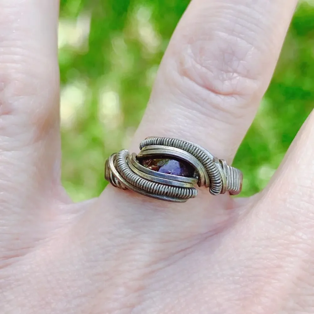 Artisan Wire Wrapped Silver Ring Red Glass Cabochon Y2K Boho Fantasy Style